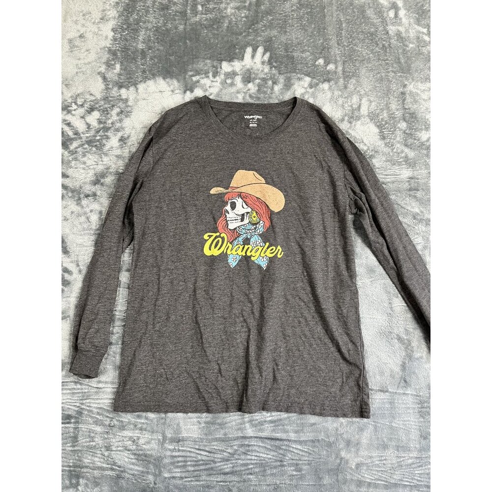 Wrangler Graphic Long Sleeve Shirt Womens Medium Cowboy Skeleton  Charcoal Gray